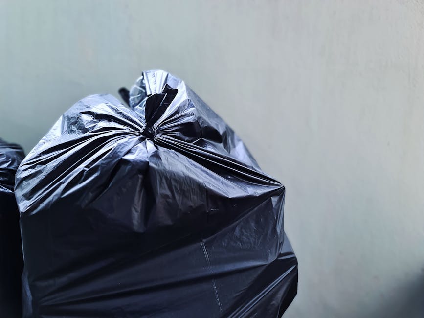 Three large black plastic garbage bags and a cardboard box are placed on the pavement next to a black metal fence, with a dense leafy tree visible in the background. The bags appear to be filled with 